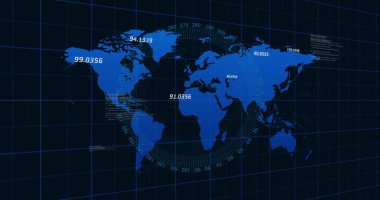 Sayısal veri ve ızgara çizgileri olan dünya haritası, küresel istatistik resmi. Veri görselleştirme, analitik, coğrafya, ızgaralar, numaralar, haritalama
