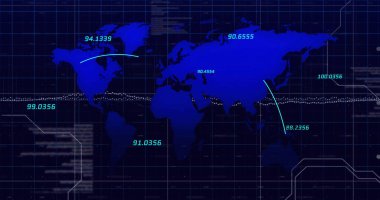 Dünya haritasında kara arkaplanda veri işleme resmi. Küresel bağlantılar, hesaplama ve dijital arayüz konsepti dijital olarak oluşturuldu.