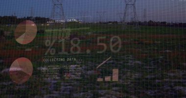 Elektrik direkleri üzerinde veri işleme resmi. Güç, ekoloji, bilgisayar ve dijital arayüz kavramı dijital olarak oluşturulmuş görüntü.