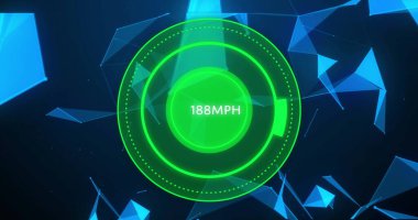 Hız göstergesi, arka planda geometrik şekillerle 188 mil hız gösteriyor. hareket, hız, ölçüm, gösterge paneli, performans, ölçü