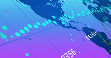 Mavi zemin üzerinde veri işleme ve dünya haritası resmi. Teknoloji, iş ve dijital arayüz kavramı dijital olarak oluşturulmuş görüntü.