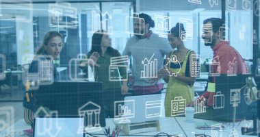 İş dünyasının simgeleri, farklı meslekdaşların iş tartışmaları üzerine. İş, takım çalışması ve dijital arayüz kavramı dijital olarak oluşturulmuş görüntü.