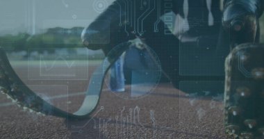 Atlet, arka planda dijital arayüz görüntüsüyle protez bacağı ayarlıyor. Spor, teknoloji, koşu, spor, protez, yenilik