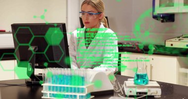 Scientist working in lab with chemical data processing image over equipment. Science, laboratory, research, technology, data analysis, biotechnology clipart