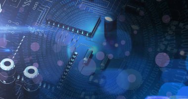 Bilgisayar devre kartının üzerindeki ışık lekeleri. Çevrimiçi güvenlik, teknoloji ve dijital arayüz kavramı dijital olarak oluşturulmuş görüntü.