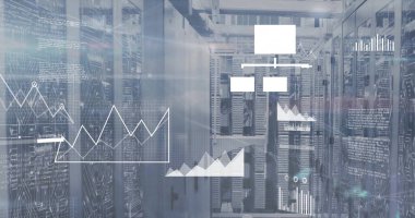 Sunucu odasındaki şema ve veri işleme resimleri. Küresel teknoloji ve dijital arayüz kavramı, dijital olarak oluşturulmuş görüntü.