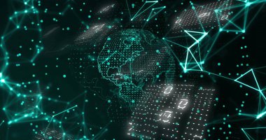 İkili kod ve dijital ağ, soyut dünya üzerindeki görüntüyü birbirine bağlar. Teknoloji, küreselleşme, ağ, veri, internet, fütüristik