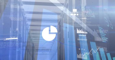 Sunucu odasındaki şema ve veri işleme resimleri. Küresel teknoloji ve dijital arayüz kavramı, dijital olarak oluşturulmuş görüntü.