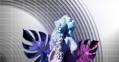 Soyut geometrik şekiller ve renkli kanatlı heykelin üzerindeki ızgara resmi. dijital sanat, modern, canlı, fütüristik, grafik tasarımı, sürreal