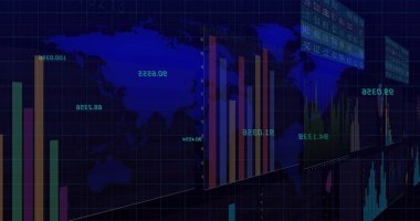 Siyah zemin üzerinde dijital veri işleme ve istatistiklerin resmi. Dijital olarak oluşturulmuş küresel bağlantılar, hesaplama ve veri işleme kavramı.