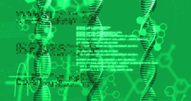 Yeşil arka planda DNA iplikleri ve bilimsel veri işleme resimleri. Dijital olarak oluşturulmuş küresel bağlantılar, hesaplama ve veri işleme kavramı.
