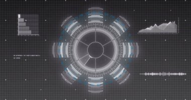 Siyah arkaplan üzerinden veri işleme ve tarama görüntüsü. Teknoloji, iş ve dijital arayüz kavramı dijital olarak oluşturulmuş görüntü.