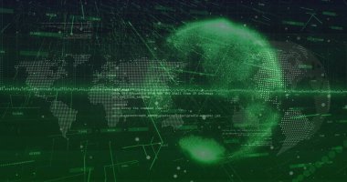 Veri işleme üzerinde dünya haritası ve küresi görüntüsü. Teknoloji, iş ve dijital arayüz kavramı dijital olarak oluşturulmuş görüntü.