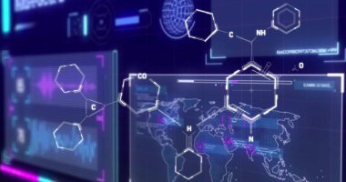 Mavi arkaplandaki veri işleme üzerindeki kimyasal formülün resmi. Küresel teknoloji, bilim, bilgisayar ve dijital arayüz kavramı dijital olarak oluşturuldu.
