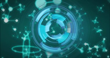 Moleküler yapı arkaplanı üzerinde geleceksel dairesel arayüz görüntüsü. technology, digital, science, hologram, innovation, data