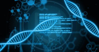 Siyah arkaplanda dönen DNA iplikçikleri üzerinde dijital veri işleme resmi. Küresel bilim, bağlantılar, hesaplama ve veri işleme kavramı dijital olarak oluşturulmuş görüntü.