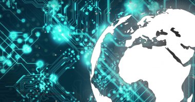 Dijital devre kartı ve dünya, küresel teknoloji ağı görüntüsü. bağlantı, yenilik, veri, gelecek, siber alan, elektronik