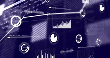 Finansal veriler ve kodlama geçmişi üzerinde resimler ve grafikler. Analizler, finans, teknoloji, istatistik, yatırım, programlama