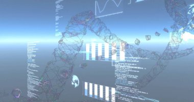 DNA ipliği ve veri işleme görüntüsü. Küresel bilim, bağlantılar, hesaplama ve veri işleme kavramı dijital olarak oluşturulmuş görüntü.