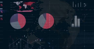 Tüm dünyada şema ve veri işleme resimleri. Küresel teknoloji ve dijital arayüz konsepti dijital olarak oluşturuldu.