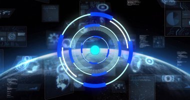 Siyah arkaplanda tarama alanındaki dijital veri işleme resmi. Dijital olarak oluşturulmuş küresel bağlantılar, hesaplama ve veri işleme kavramı.