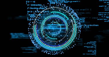 Siyah arkaplanda tarama alanındaki dijital veri işleme resmi. Dijital olarak oluşturulmuş küresel bağlantılar, hesaplama ve veri işleme kavramı.