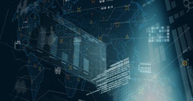 Dünya haritası üzerinde şema ve veri işleme resimleri. Küresel teknoloji ve dijital arayüz konsepti dijital olarak oluşturuldu.