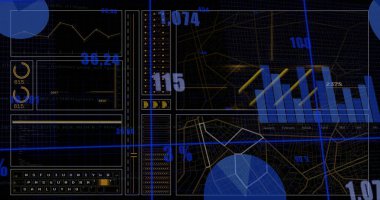 Diyagramlar üzerinden tarama ve veri işleme görüntüsü. Küresel teknoloji ve dijital arayüz konsepti dijital olarak oluşturuldu.