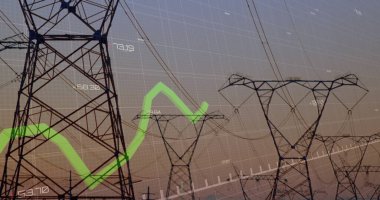 Elektrik direkleri üzerinde finansal veri işleme resmi. Küresel çevre, finans, iş dünyası, bağlantılar, hesaplama ve veri işleme kavramı dijital olarak oluşturuldu.