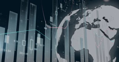 Tüm dünyada şema ve veri işleme resimleri. Küresel teknoloji ve dijital arayüz konsepti dijital olarak oluşturuldu.