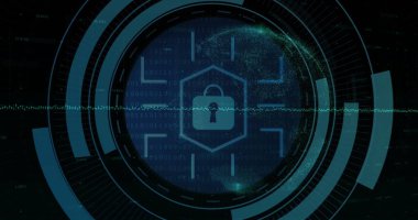 Asma kilit simgesi üzerinde dijital veri işleme resmi. Çevrimiçi küresel siber, bağlantılar, hesaplama ve veri işleme kavramı dijital olarak oluşturuldu.