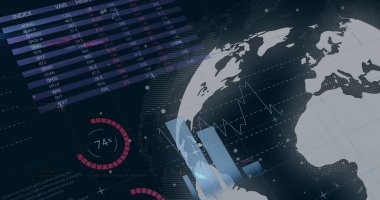 Tüm dünyada şema ve veri işleme resimleri. Küresel teknoloji ve dijital arayüz konsepti dijital olarak oluşturuldu.