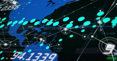 Dünya haritası üzerinde ağ ve dijital veri işleme resimleri. Dijital olarak oluşturulmuş küresel bağlantılar, hesaplama ve veri işleme kavramı.