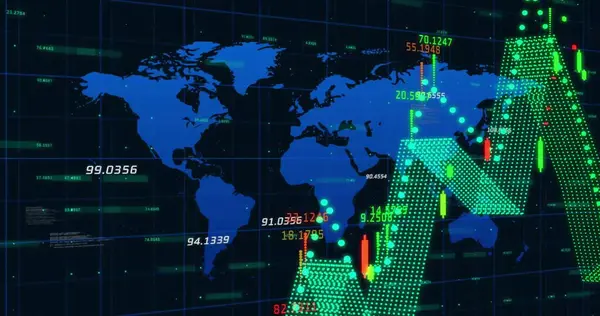 Dünya haritası üzerinde ağ ve dijital veri işleme resimleri. Dijital olarak oluşturulmuş küresel bağlantılar, hesaplama ve veri işleme kavramı.