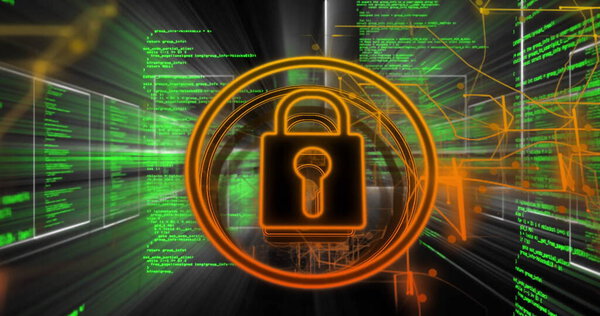 Изображение обработки данных через висячий замок. Концепция глобальной онлайн-безопасности, бизнеса, финансов, вычислений и обработки данных.
