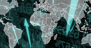 Oklar üzerinde dünya haritası ve kara zemin üzerinde veri işleme. Küresel teknoloji, bilgisayar ve dijital arayüz kavramı dijital olarak oluşturulmuş görüntü.