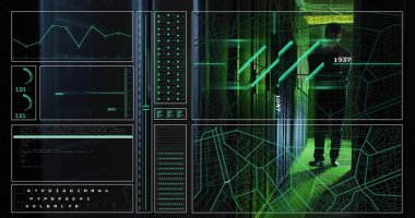 Sunucu odasındaki Asyalı erkek çalışanın veri işleme görüntüsü. Teknoloji ve dijital arayüz kavramı dijital olarak oluşturuldu.