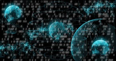 Dünya üzerinde ikili kodlama ve veri işleme görüntüsü. Küresel siber güvenlik, bağlantılar, hesaplama ve veri işleme kavramı dijital olarak oluşturuldu.