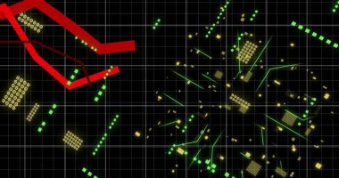 Kırmızı çizgilerin üzerindeki devre kartı ve dijital veri işleme resmi. Dijital olarak oluşturulmuş küresel bağlantılar, hesaplama ve veri işleme kavramı.