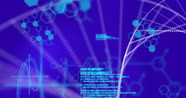 Mavi arkaplan üzerinde DNA ve veri işleme resmi. Küresel bilim, veri işleme, bağlantılar, hesaplama ve veri işleme kavramı dijital olarak oluşturuldu.