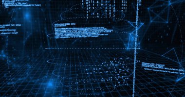 Dünya üzerinde veri işleme görüntüsü ve siyah arkaplandaki bağlantı ağı. Küresel teknoloji, hesaplama, bağlantılar ve dijital arayüz konsepti dijital olarak oluşturuldu.