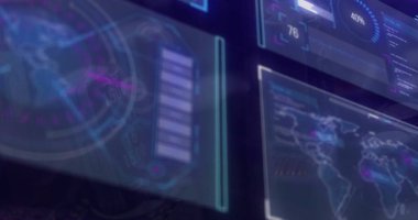 Mavi arkaplan üzerindeki veri işleme ve diyagramlarının resmi. Küresel iş ve dijital arayüz kavramı dijital olarak oluşturulmuş görüntü.