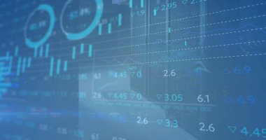 Mavi arka planda finansal veri işleme resmi. Küresel finans, iş, bağlantılar, hesaplama ve veri işleme kavramı dijital olarak oluşturuldu.