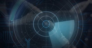 Siyah arkaplanda DNA ipliği üzerinde tarama yapan bir kamera görüntüsü. Küresel bilim, teknoloji, hesaplama, bağlantılar ve dijital arayüz konsepti dijital olarak oluşturuldu.