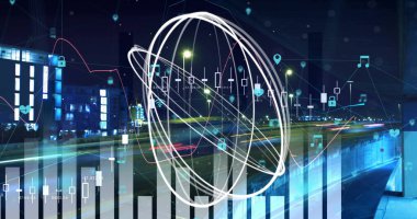 Veri işleme ve ağ bağlantıları gece şehir manzarası üzerinde resim oluşturur. Teknoloji, yenilik, dijital, iletişim, siber, fütürist