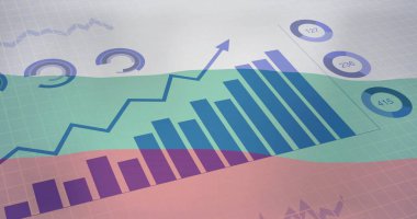 Veri işleme grafikleri ve grafikler üzerinde bulgarya bayrağı resmi. Ulusal, iş, bağlantı, veri, ekonomi, dijital arayüz ve iletişim, dijital olarak oluşturulmuş görüntü.