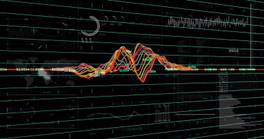 Karanlık arka planda finansal veri işleme resmi. Küresel finans, iş, bağlantılar, hesaplama ve veri işleme kavramı dijital olarak oluşturuldu.
