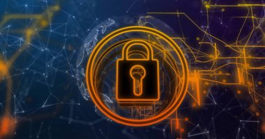 Asma kilit görüntüsü ve dünya üzerindeki bağlantılar. Teknoloji, iş ve dijital arayüz kavramı dijital olarak oluşturulmuş görüntü.