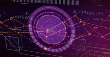 Devre kartı üzerinde bağlantıları olan dijital veri işleme resmi. Dijital olarak oluşturulmuş küresel bağlantılar, hesaplama ve veri işleme kavramı.