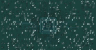 Yeşil arkaplanda asma kilit simgesi üzerinde veri işleme resmi. Küresel teknoloji, bilgisayar ve dijital arayüz kavramı dijital olarak oluşturulmuş görüntü.